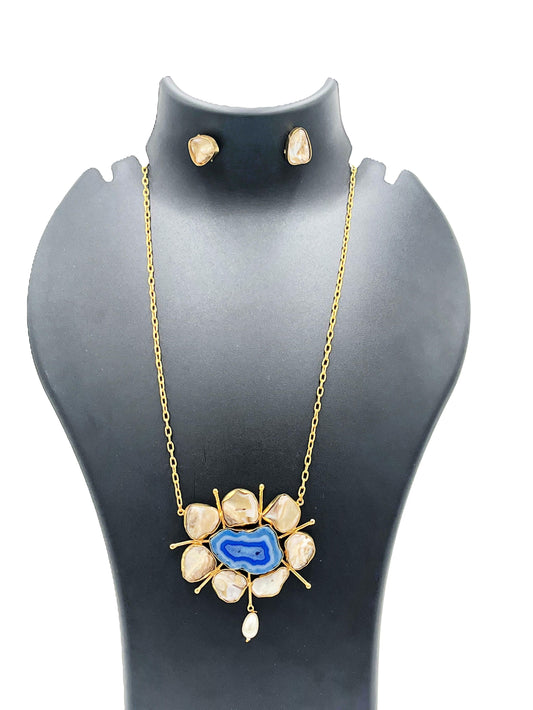 The Chakmak Divine Aura Royal Blue Agate Pendant Necklace with Baroque Pearls