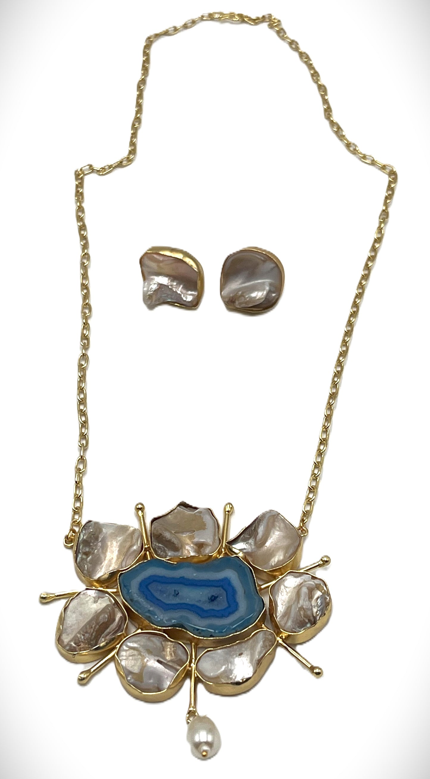 Baroque Pearl and Blue Natural Stone pendant Jewelry set with necklace and earrings_The Chakmak