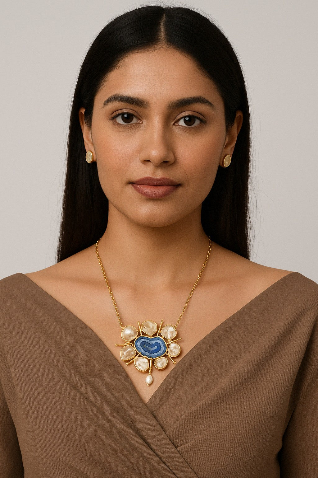 Model view wearing Royal Blue Agate Necklace Set – The Chakmak Jewellery