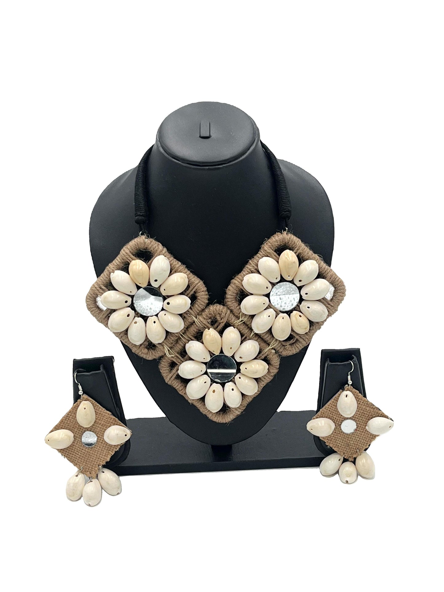 The Chakmak Earth Bloom Handmade Jute and Cowrie Shell Necklace Set with Earrings