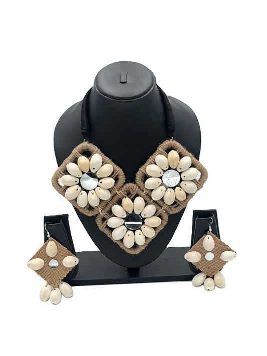 The Chakmak Earth Bloom Handmade Jute and Cowrie Shell Necklace Set with Earrings