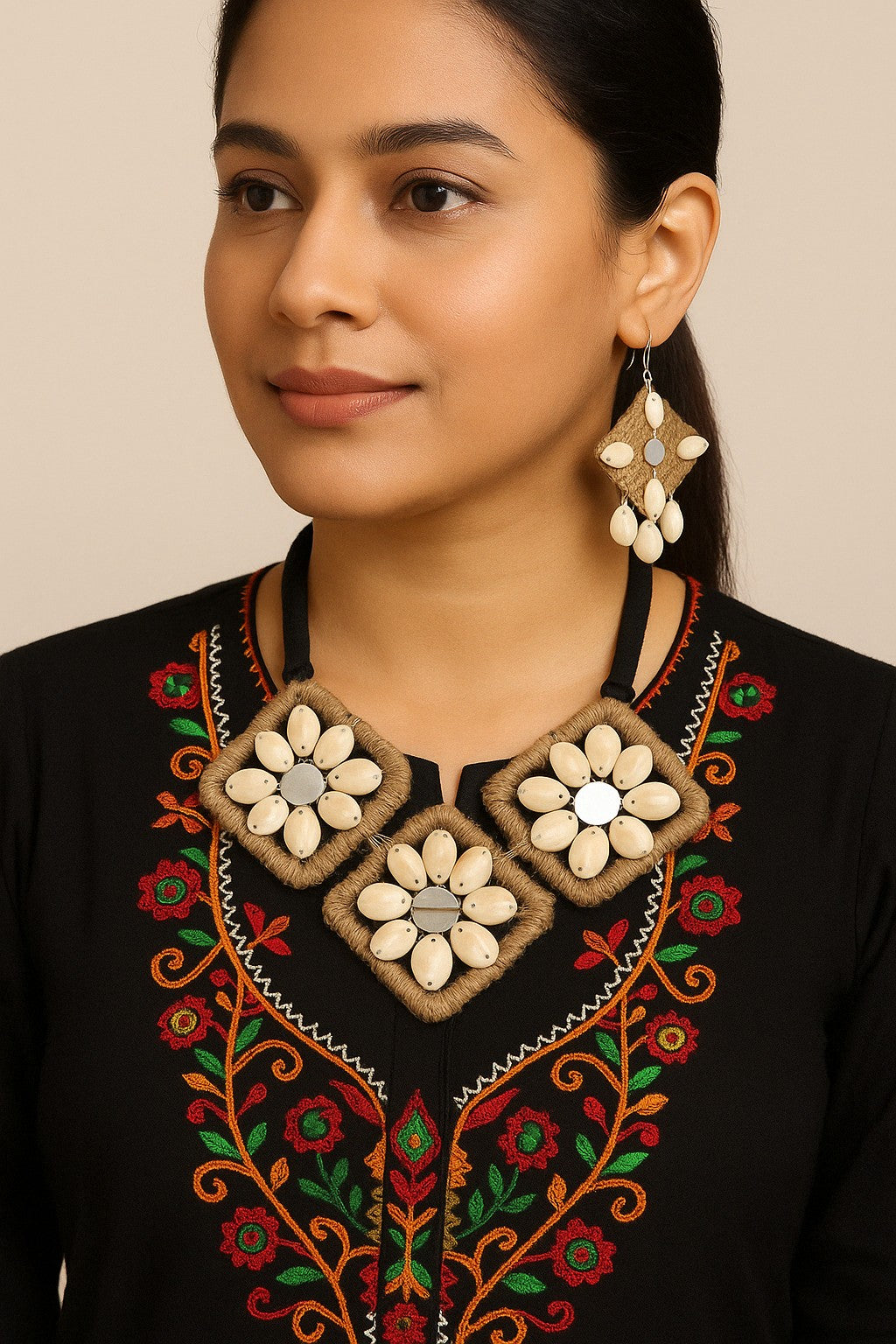 AI Model wearing The Chakmak Earth Bloom Necklace Set – Handmade Tribal Jewelry