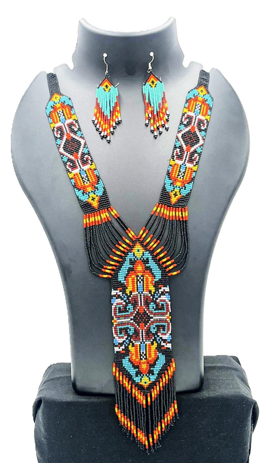 The Chakmak FireFeather Handmade Beaded Necklace Set in Turquoise, Orange & Black