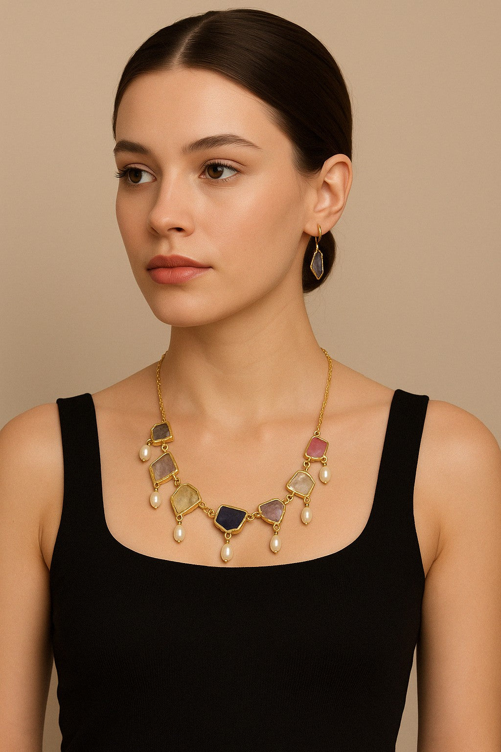 Model wearing natural raw gemstone statement necklace – The Chakmak