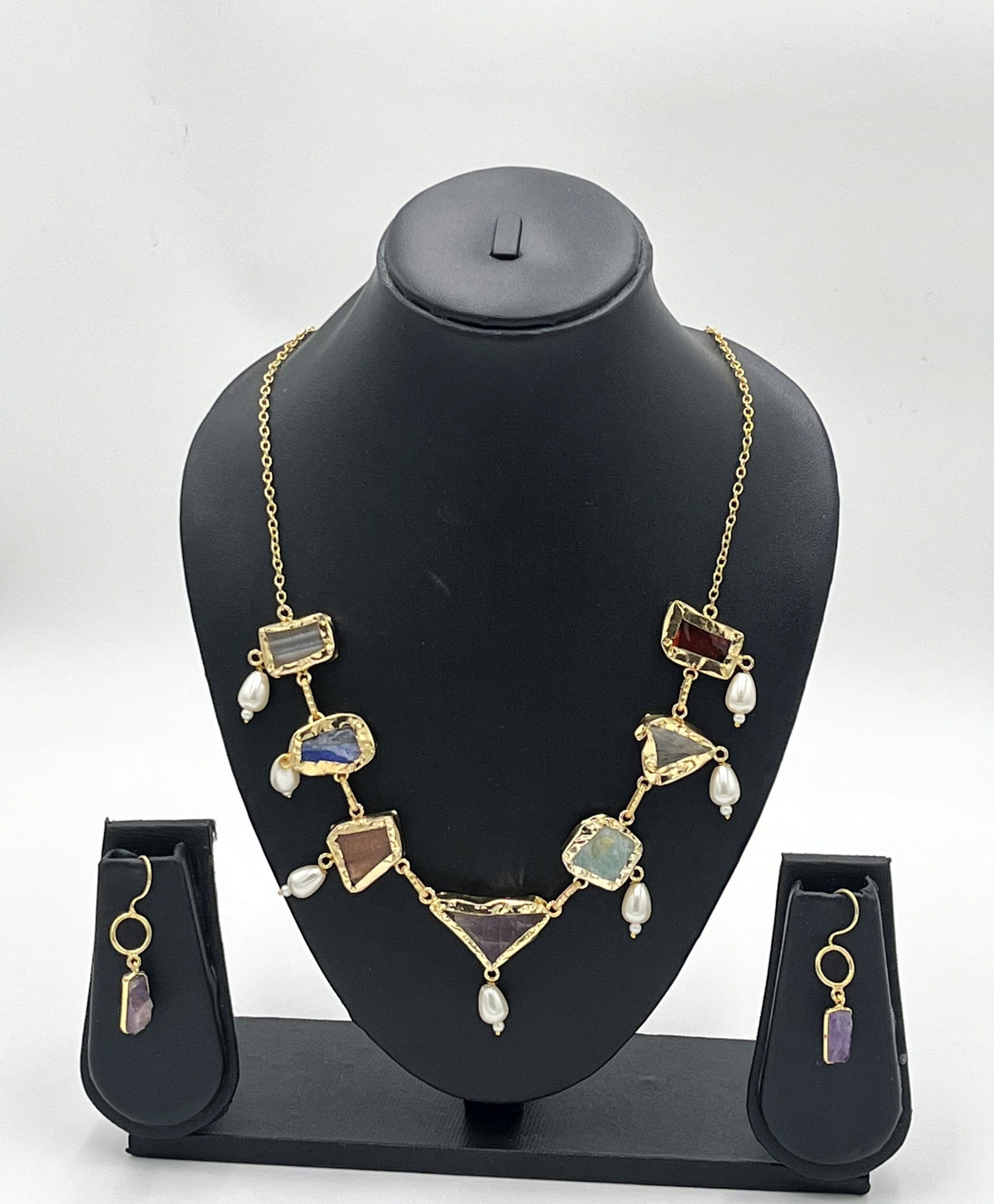 Handcrafted Multicolor Natural Stone Necklace Set with Pearls – The Chakmak