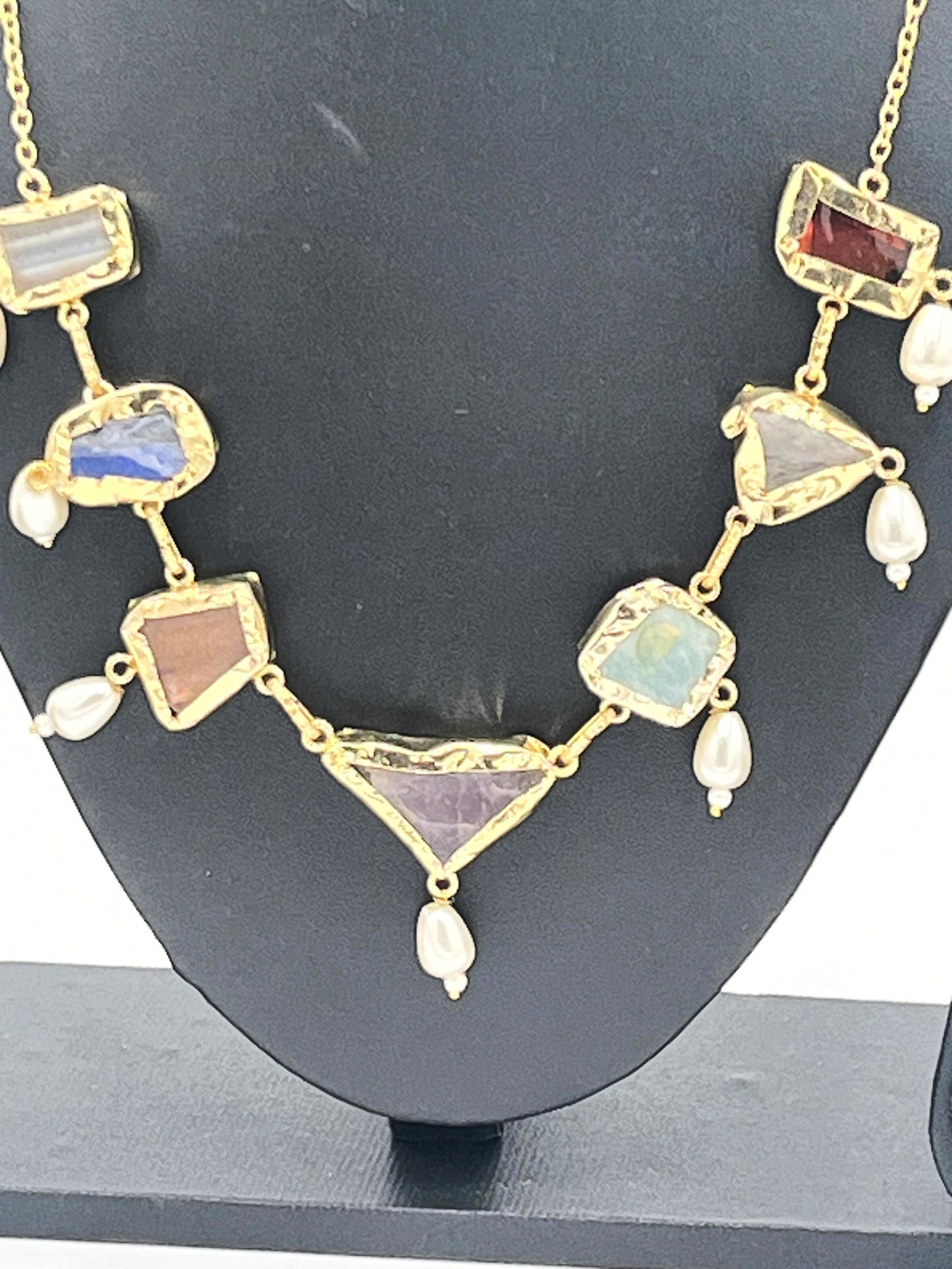 Close-up view of Gemdrop Harmony Necklace with Raw Stones & Pearl Drops – The Chakmak