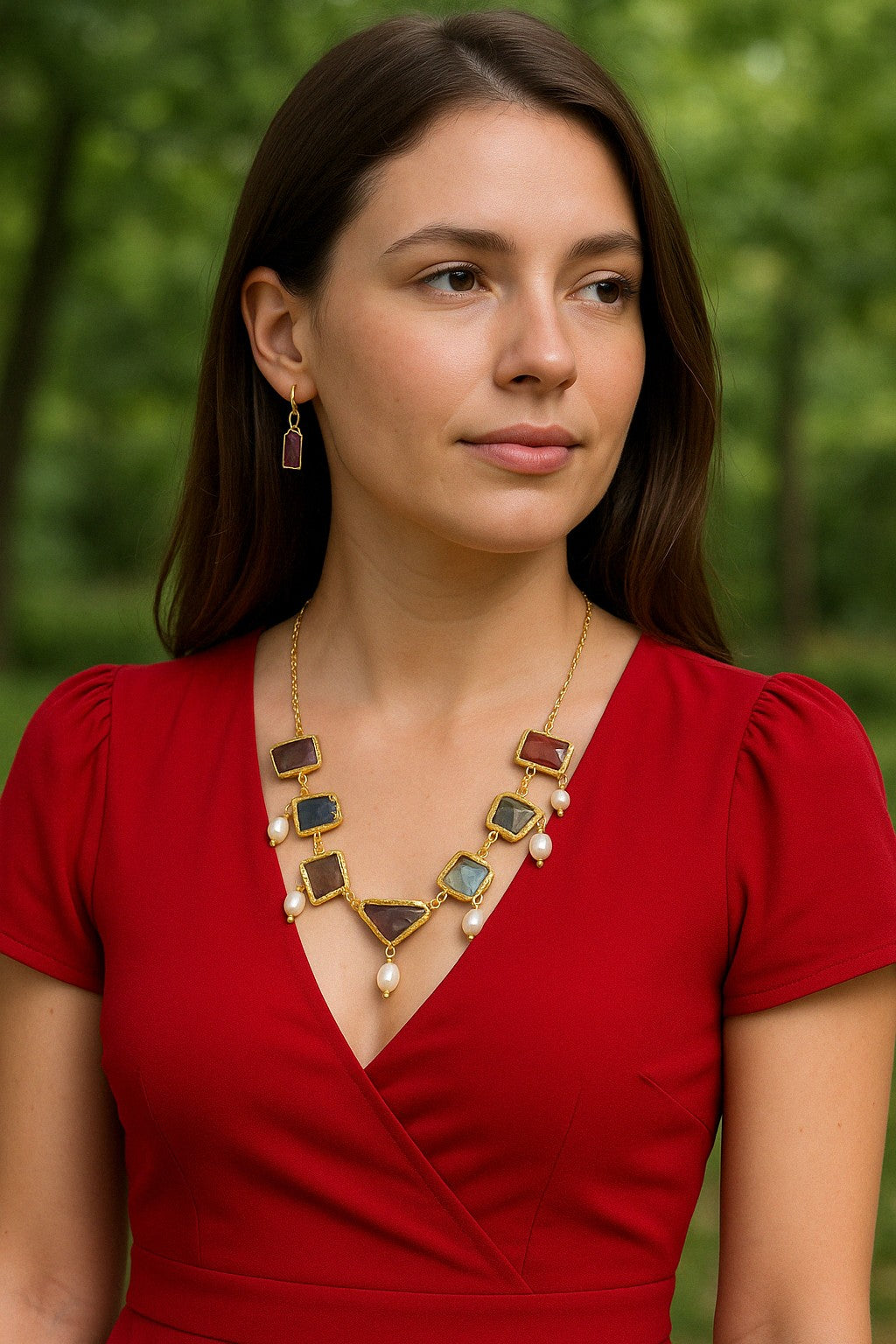 Model wearing Handmade Gemstone Necklace Set with Pearl Drops – The Chakmak