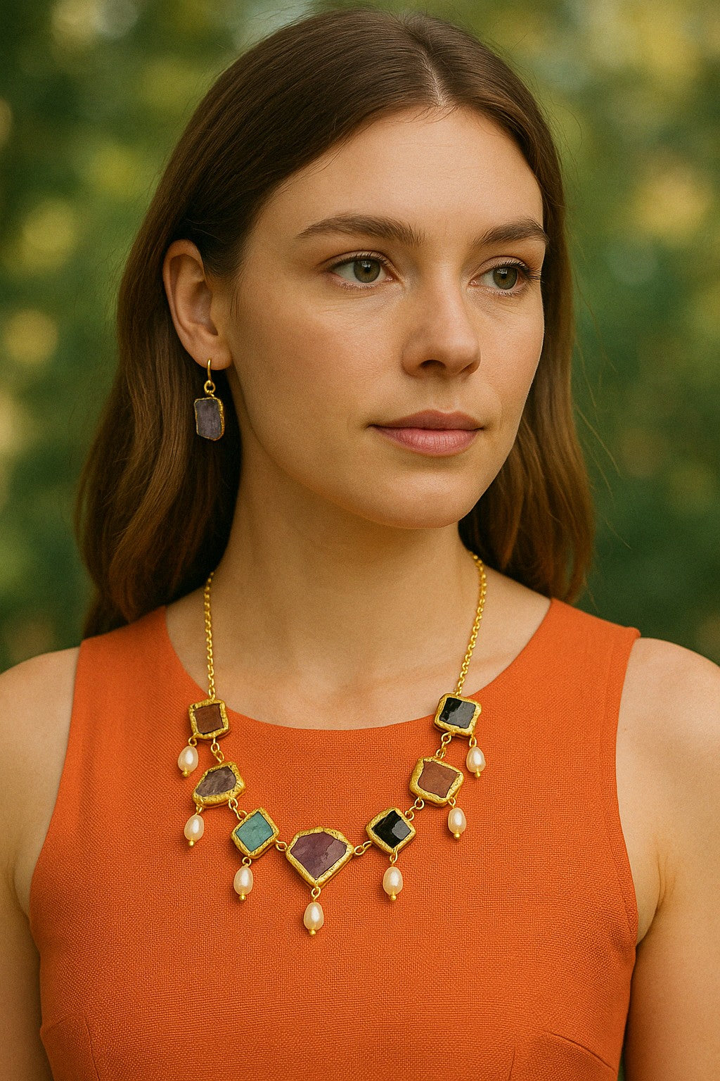 Model wearing handcrafted multicolour stone necklace with pearls – The Chakmak