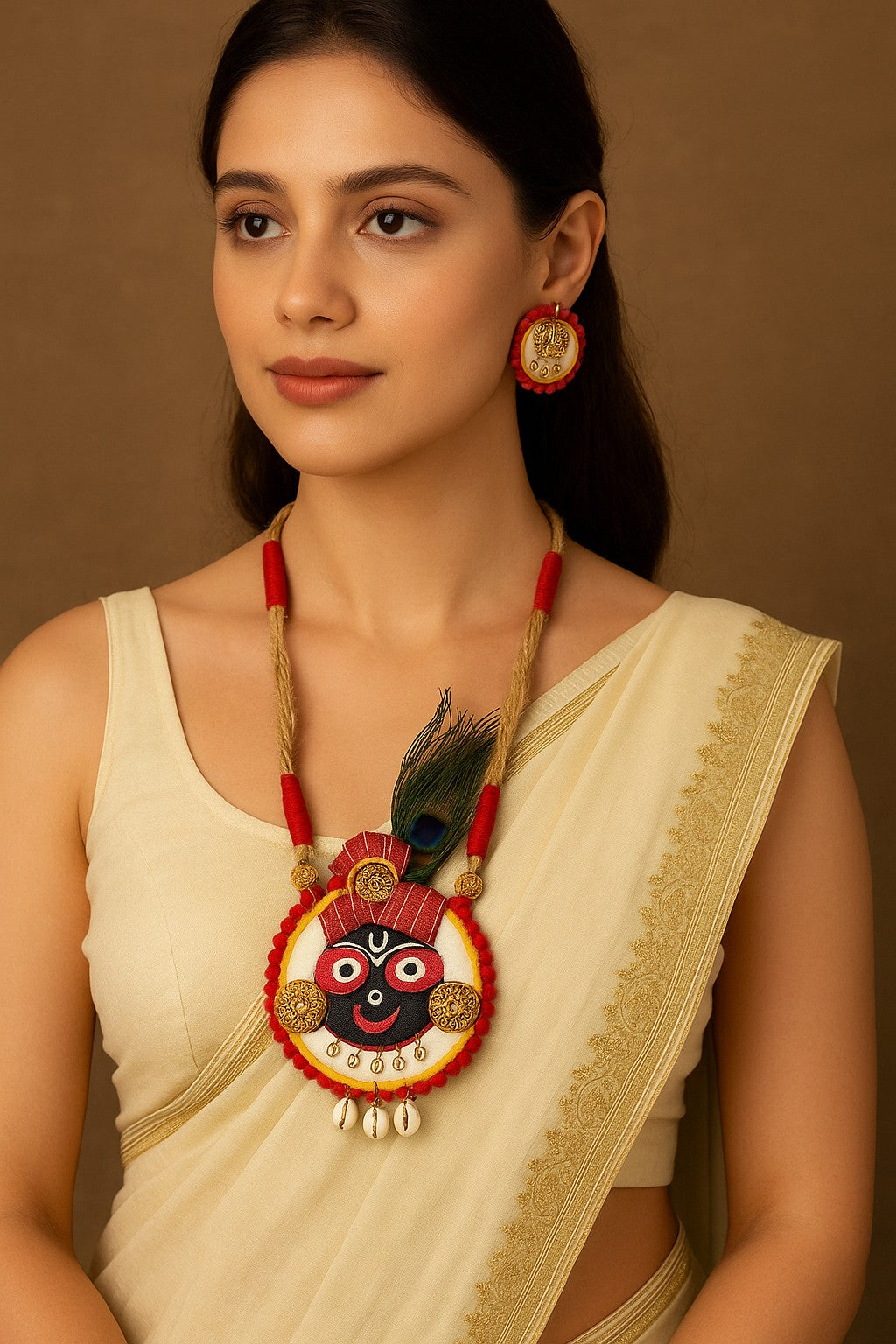 Model wearing handcrafted Jagannath necklace set with peacock feather