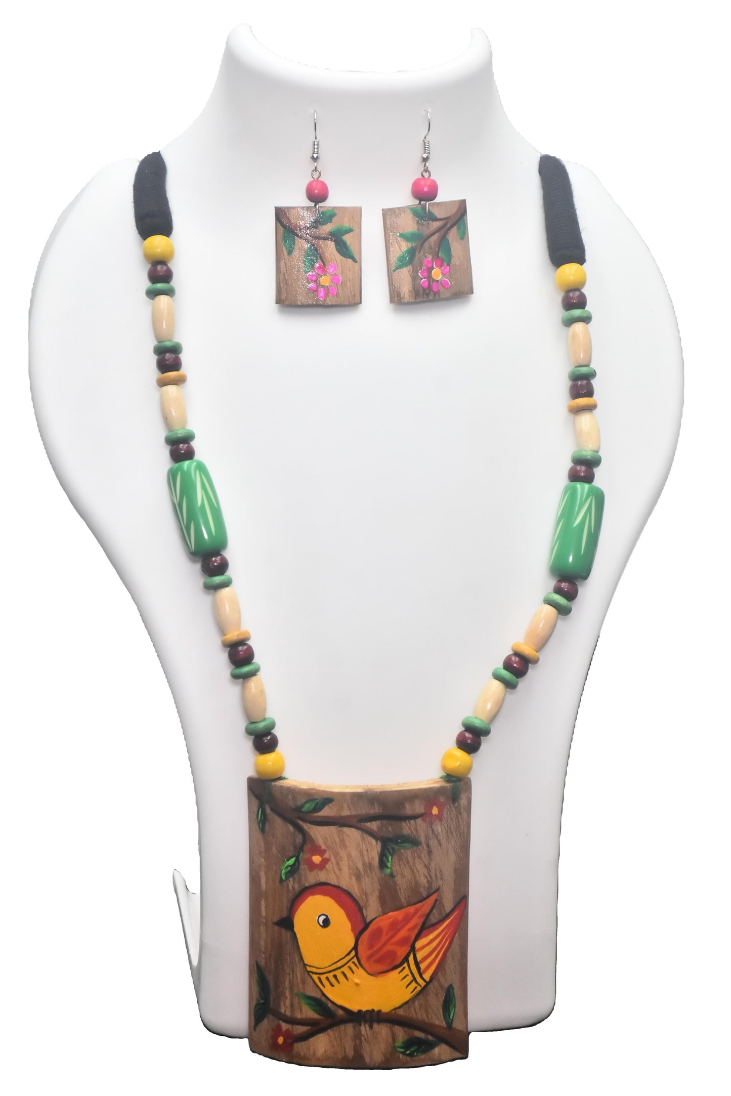 Hand-Painted Bamboo Necklace Set with Yellow Bird Pendant – The Chakmak Jungle Chirp
