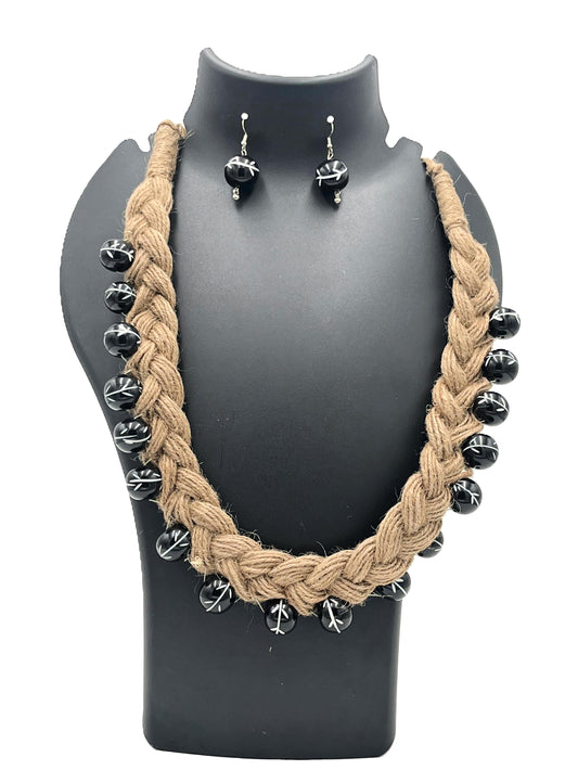 Hand-braided jute necklace set with black resin beads – The Chakmak Jute Elegance