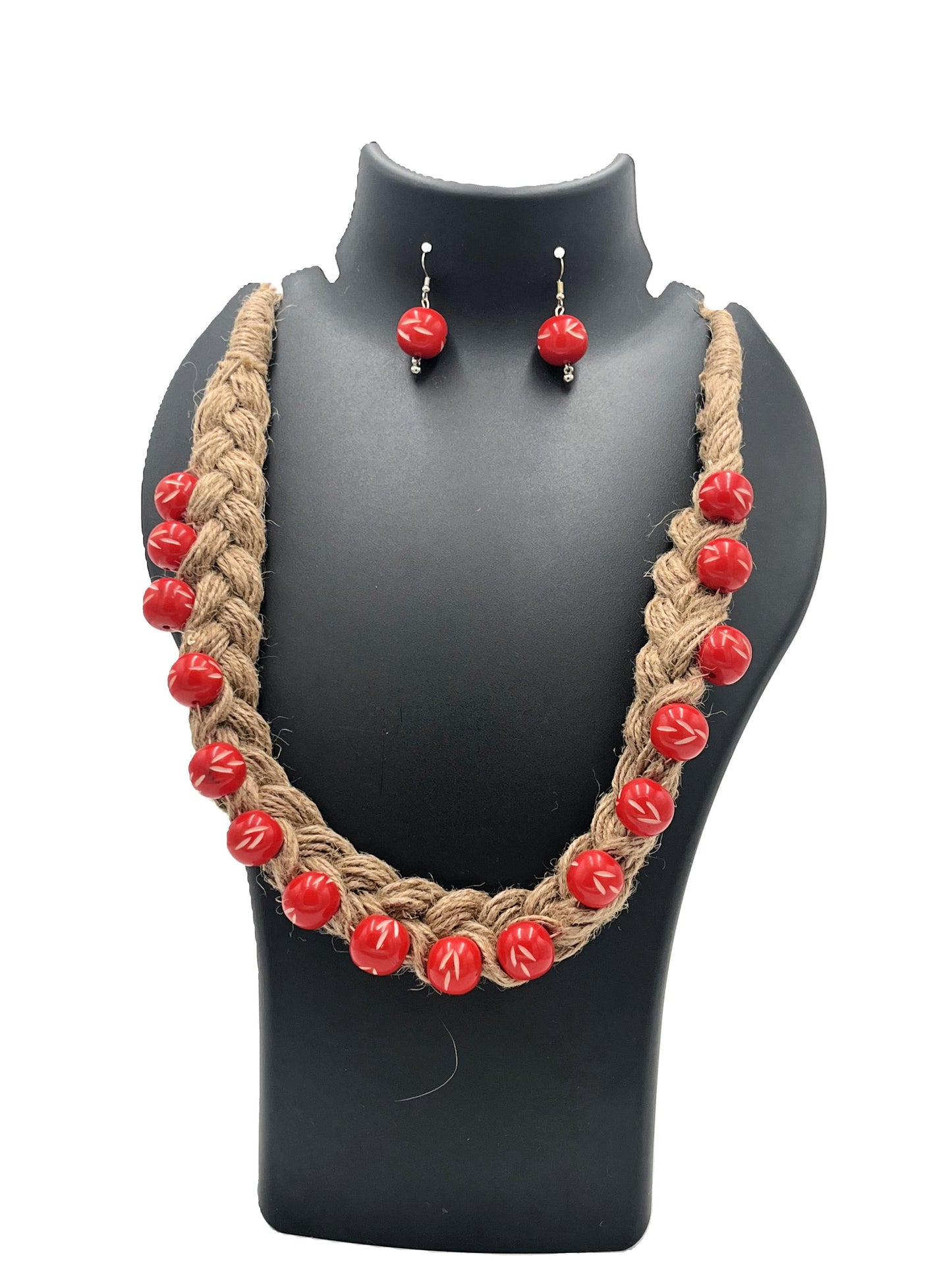 Hand-braided jute necklace set with red resin beads – The Chakmak Jute Elegance