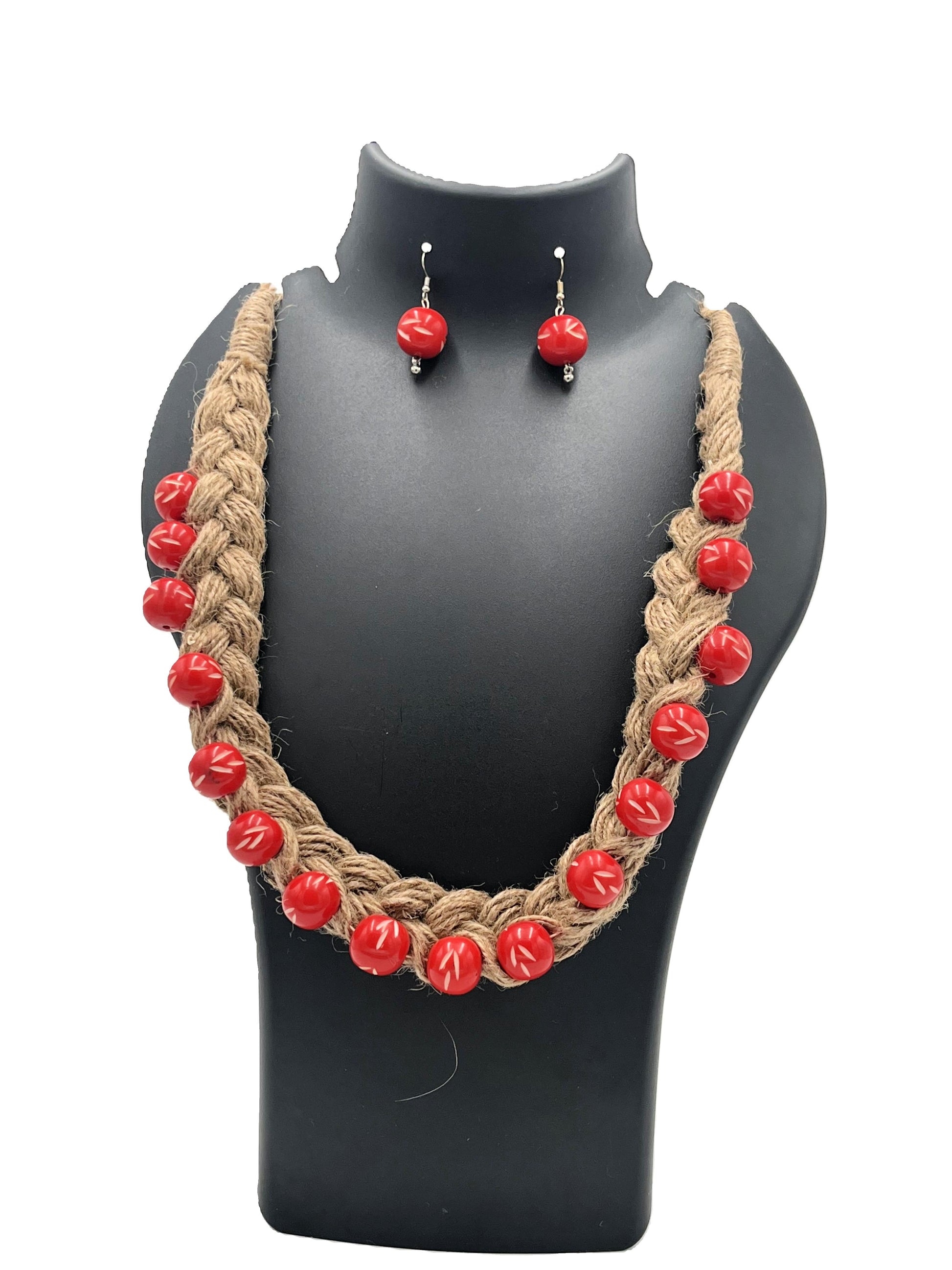 Hand-braided jute necklace set with red resin beads – The Chakmak Jute Elegance