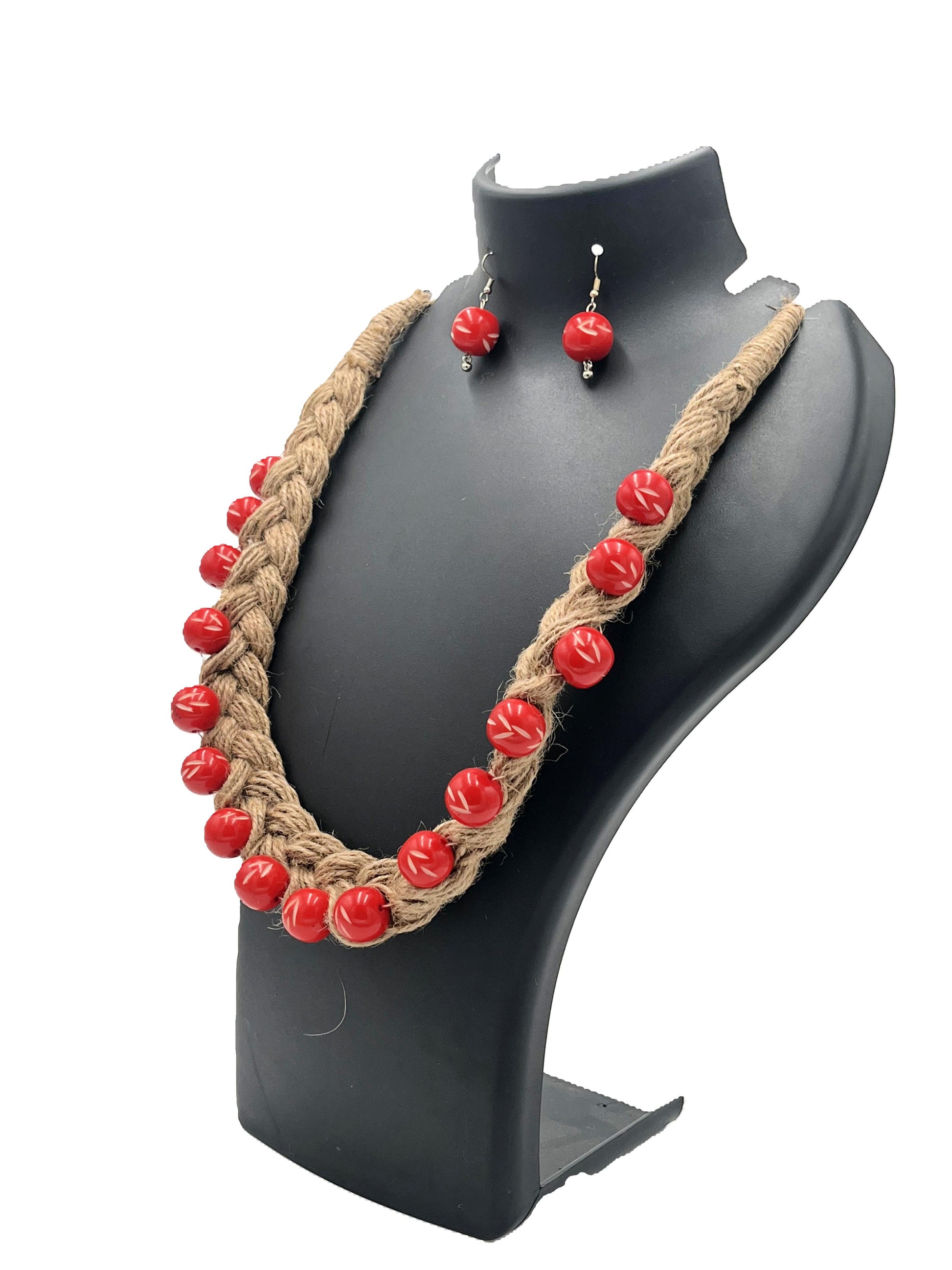 Ethnic tribal necklace set with red beads and matching earrings – The Chakmak Jute Elegance Collection