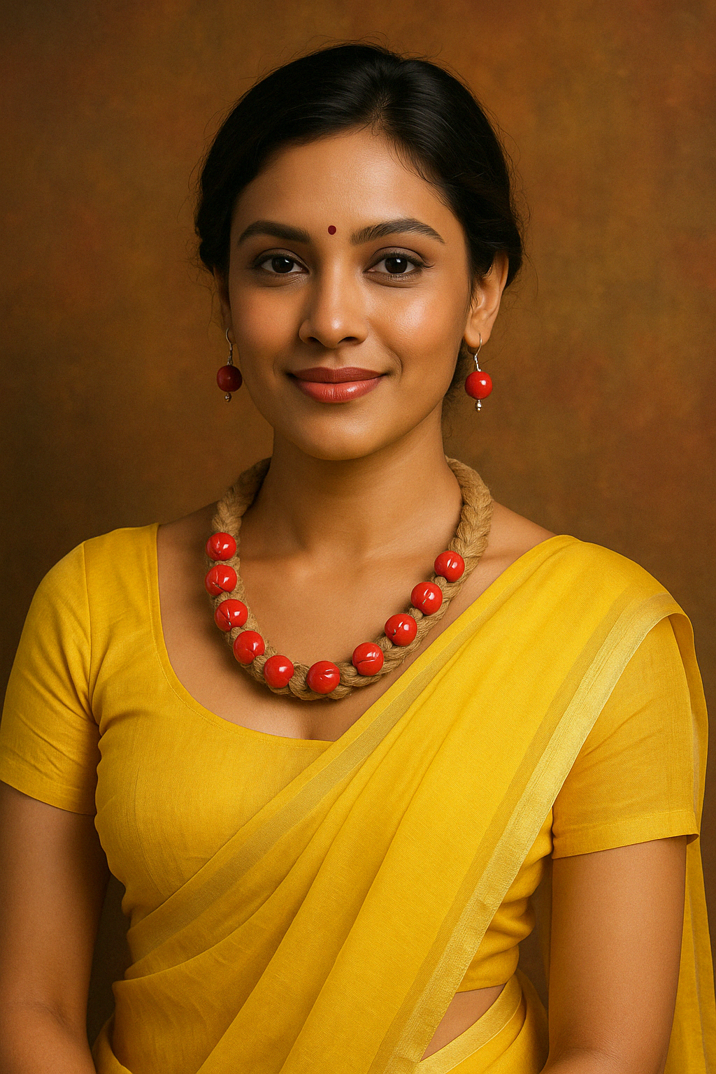 Model wearing Jute Elegance handmade red bead necklace and earrings – The Chakmak