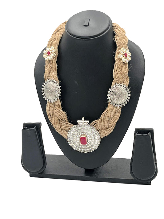 Handmade braided jute necklace with red stone centre pendant – The Chakmak Jute Elegance