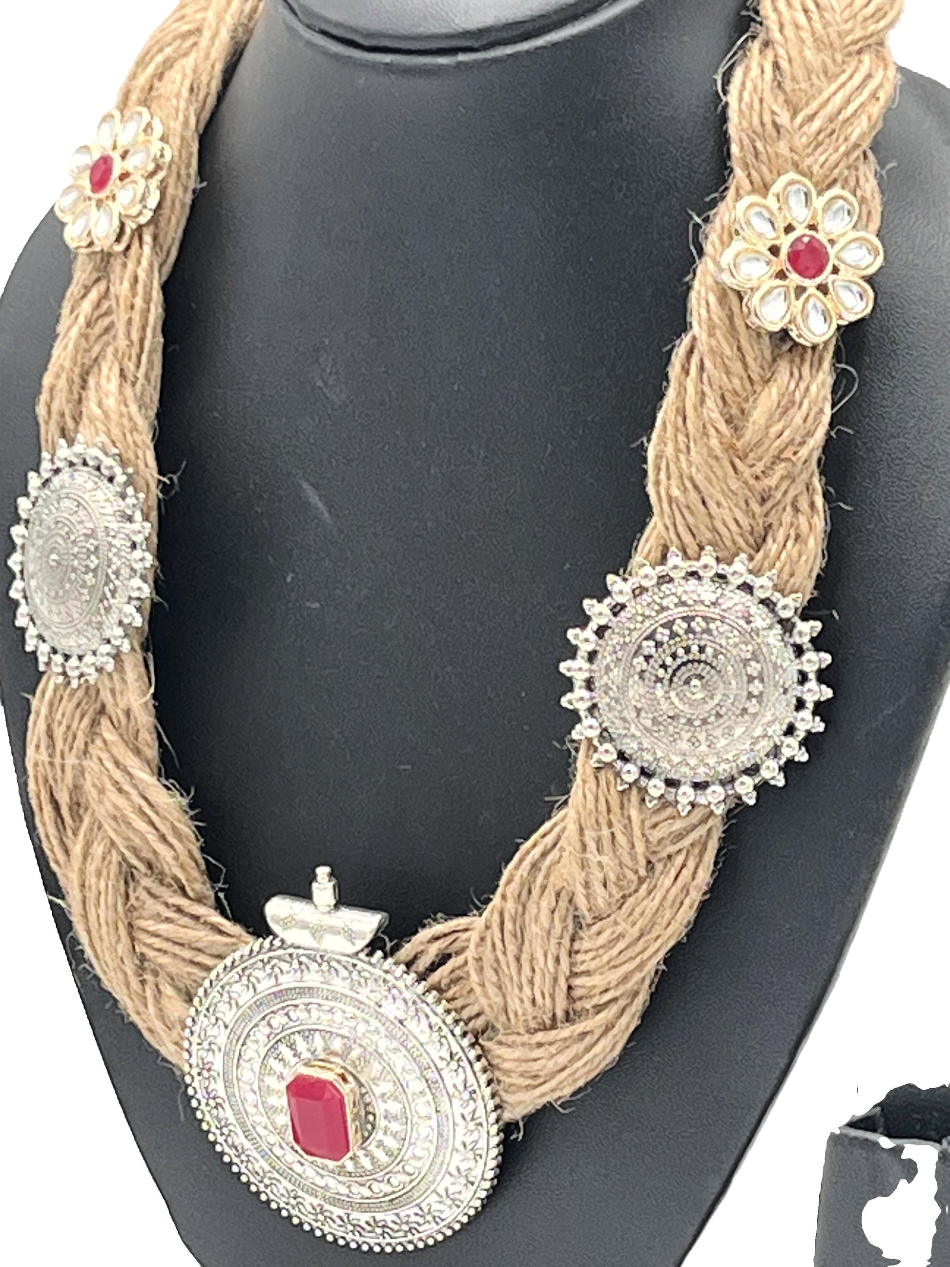Ethnic statement necklace with oxidised silver pendant and floral motifs – The Chakmak Jute Elegance Collection