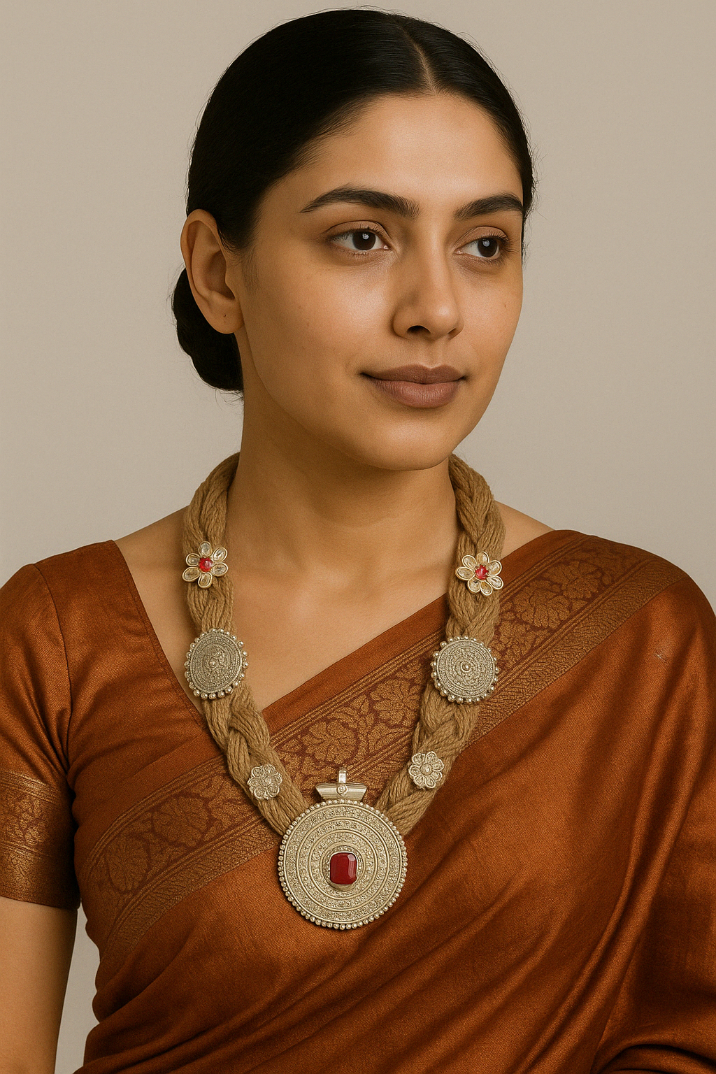Woman wearing a traditional brown saree with a decorative necklace against a neutral background