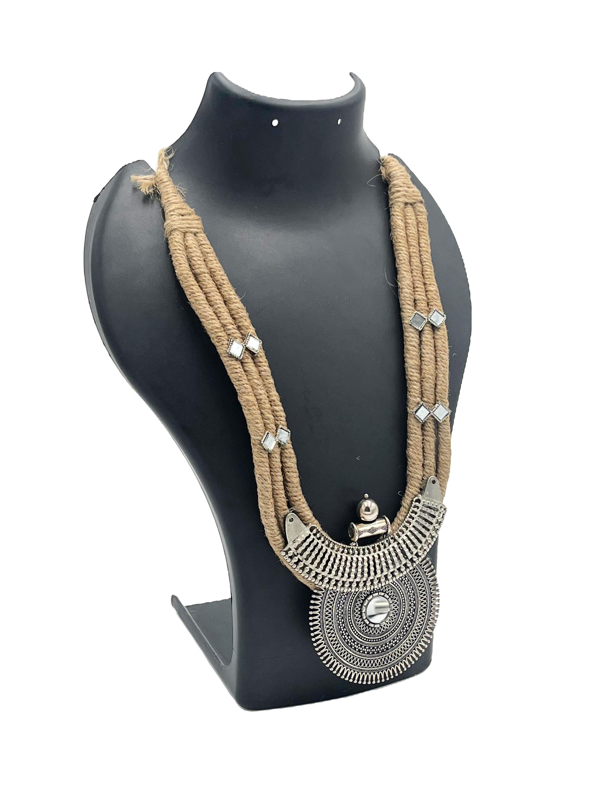 Handmade jute necklace with oxidised silver pendant – The Chakmak Jute Elegance