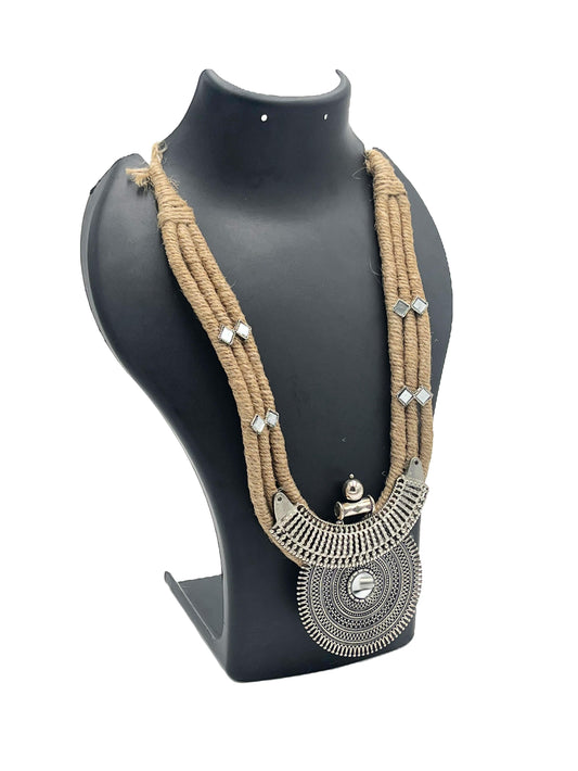 Handmade jute necklace with oxidised silver pendant – The Chakmak Jute Elegance