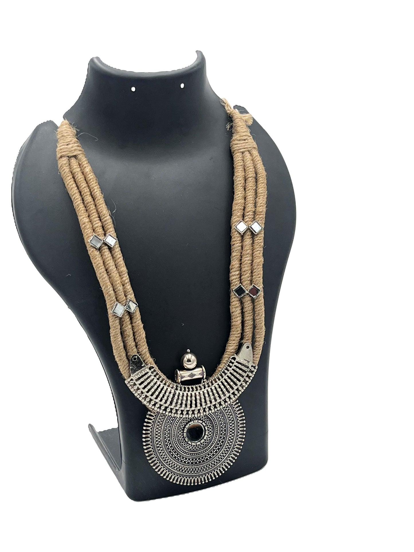 Side view of handmade jute and silver pendant necklace – The Chakmak Jute Elegance