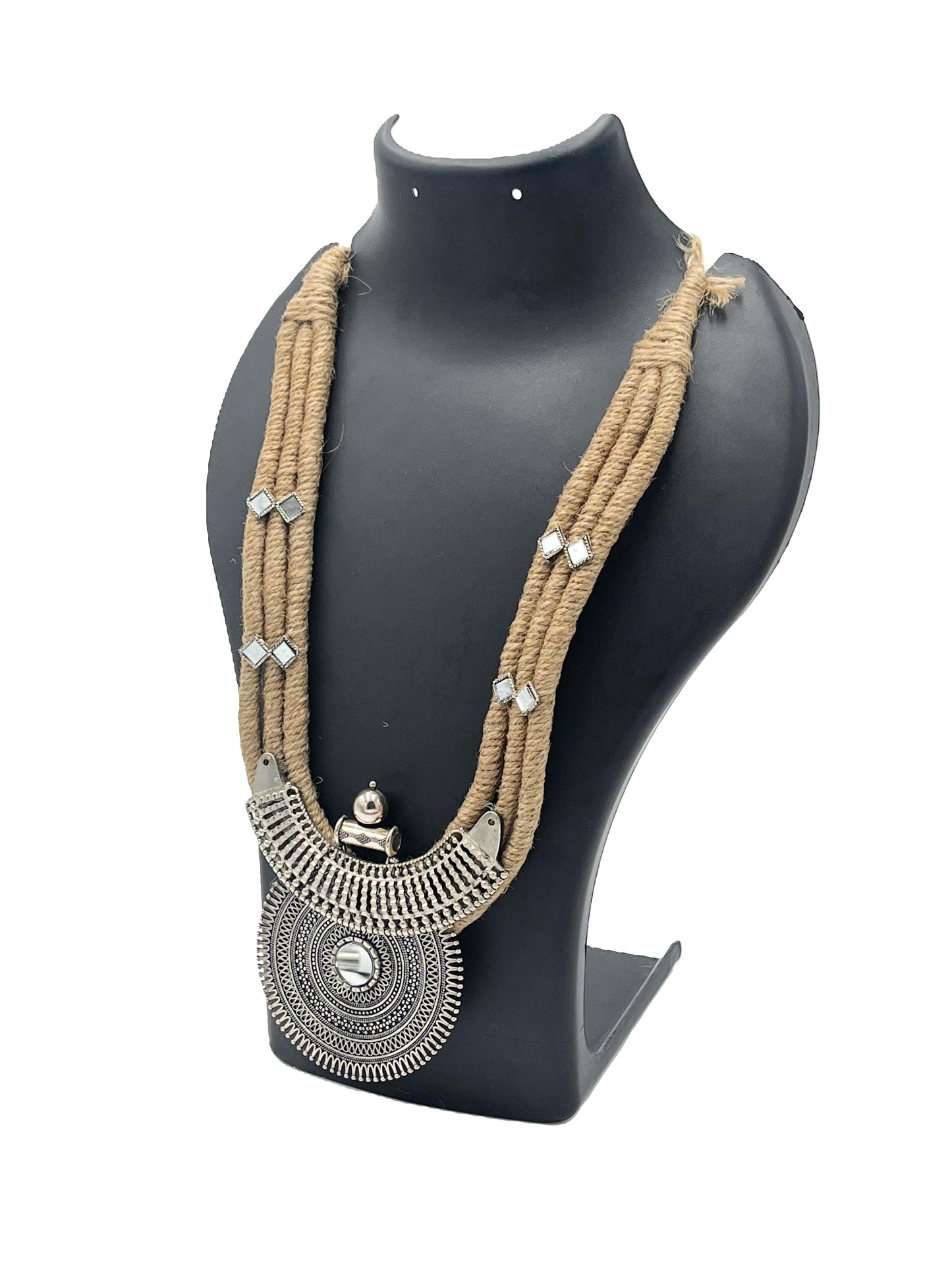Ethnic tribal necklace with oxidised silver pendant and jute thread – The Chakmak