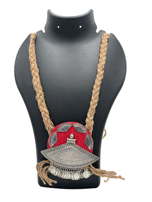 Handmade jute necklace with red-threaded vintage coin pendant – The Chakmak Jute Elegance