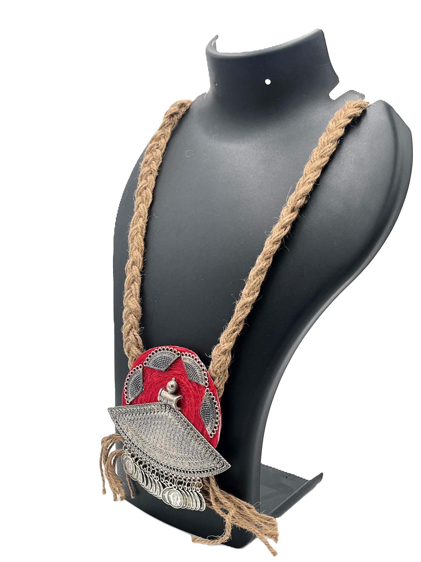 Ethnic tribal necklace with oxidised silver pendant and coins – The Chakmak Jute Elegance Collection