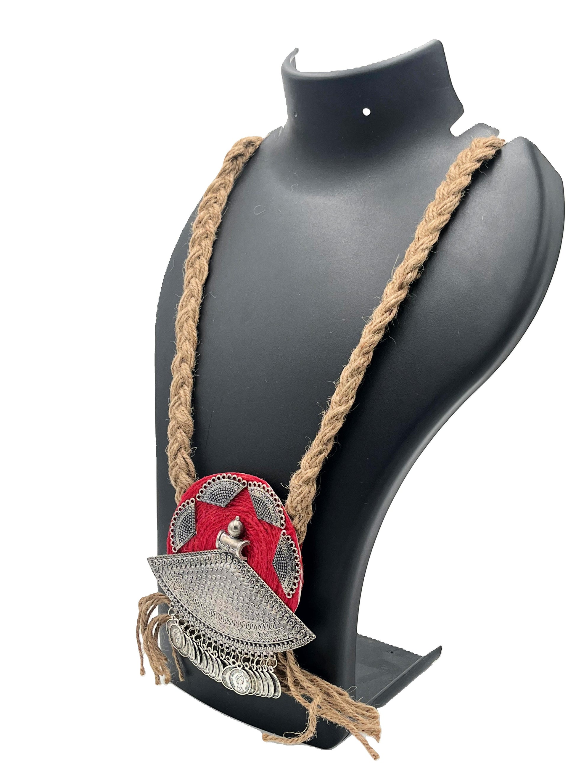 Ethnic tribal necklace with oxidised silver pendant and coins – The Chakmak Jute Elegance Collection