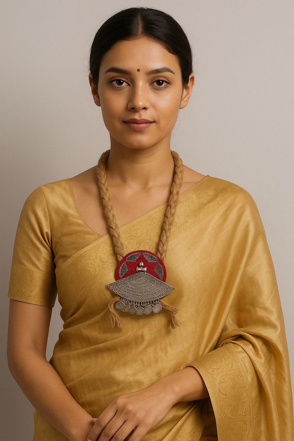 Model wearing Tribal Glory necklace with jute and coin pendant – The Chakmak
