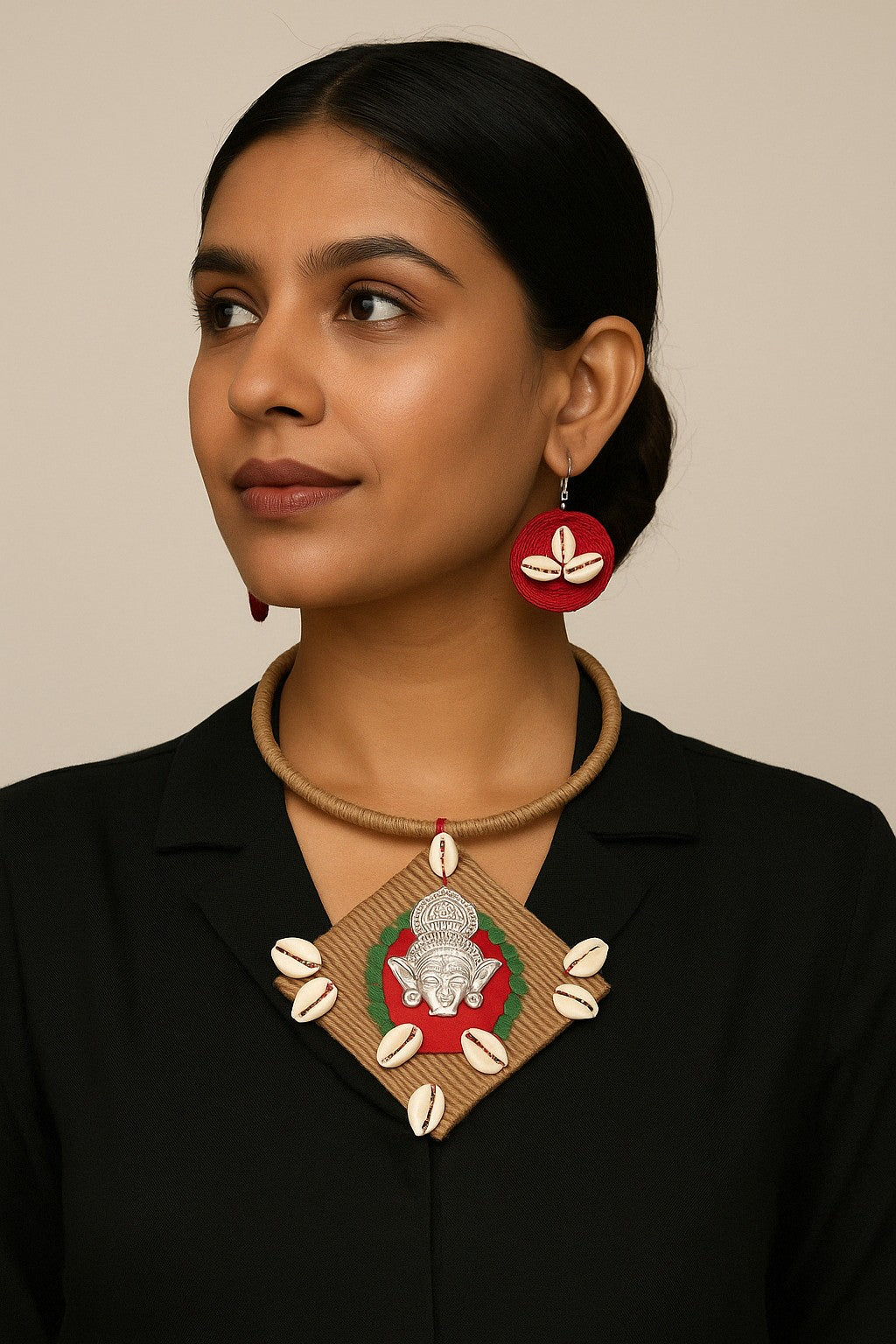 Model wearing Kodi Devi Hasli Necklace Set with cowrie shells and goddess pendant – The Chakmak