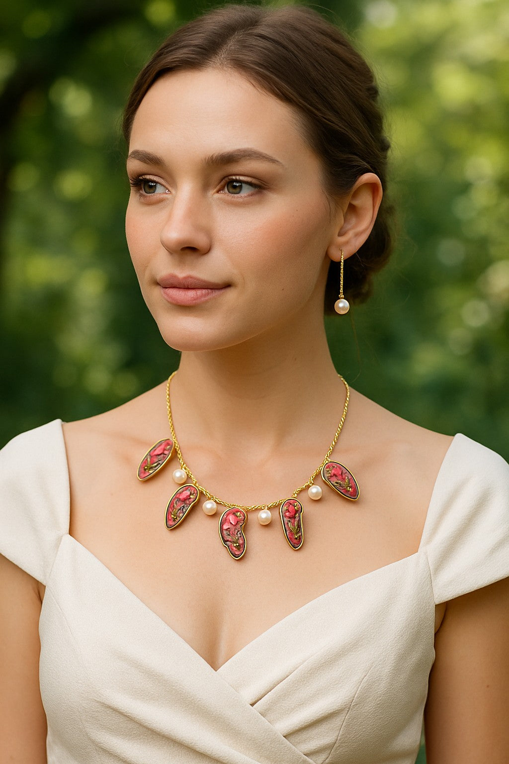 Model wearing Mughal Garden Natural Stone Necklace Set with Pearls – The Chakmak