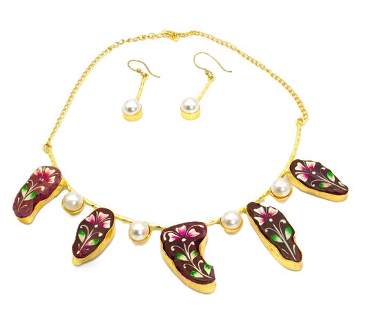 The Chakmak Mughal Garden Pink Hand-Painted Natural Stone Necklace Set with Pearls & Earrings