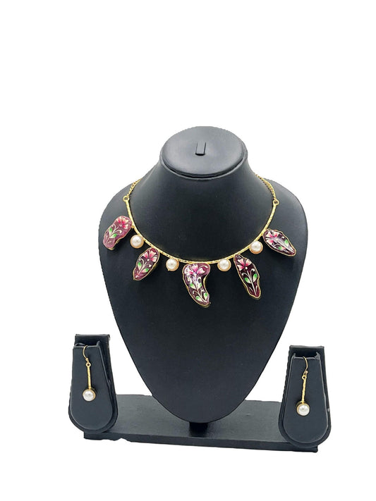 Designer Ethnic Necklace Set with Natural Stones, Pearls & Floral Artwork – The Chakmak