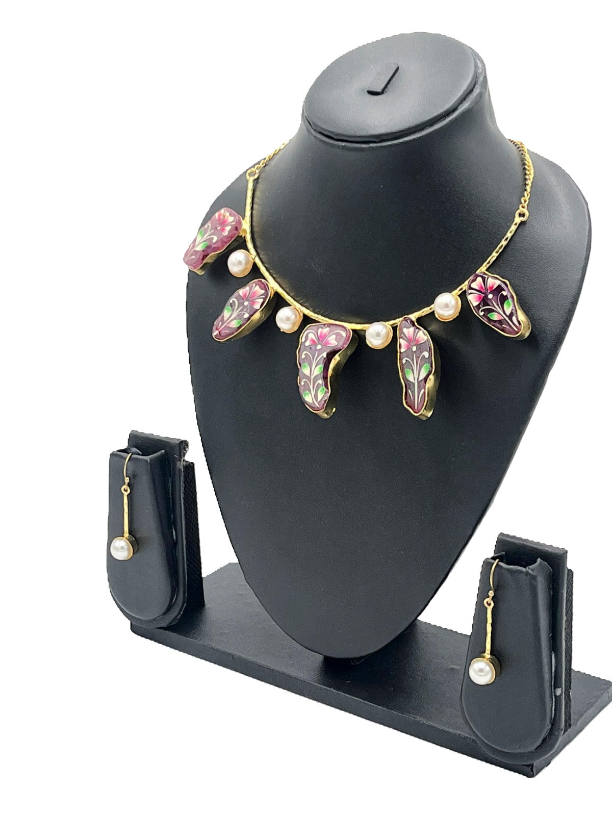Artisan Hand-Painted Necklace Set in Pink Natural Stones with Pearl Accents – The Chakmak