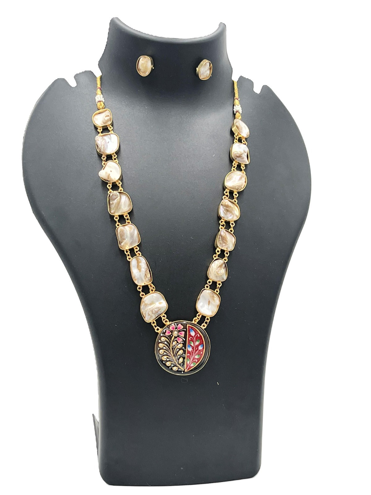 The Chakmak Nature Grace Mother of Pearl Stone Necklace Set with Meenakari Pendant & Earrings