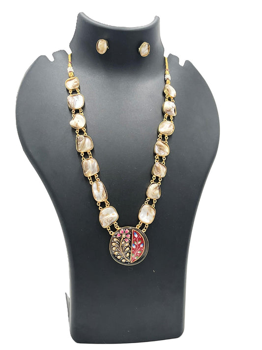 The Chakmak Nature Grace Mother of Pearl Stone Necklace Set with Meenakari Pendant & Earrings