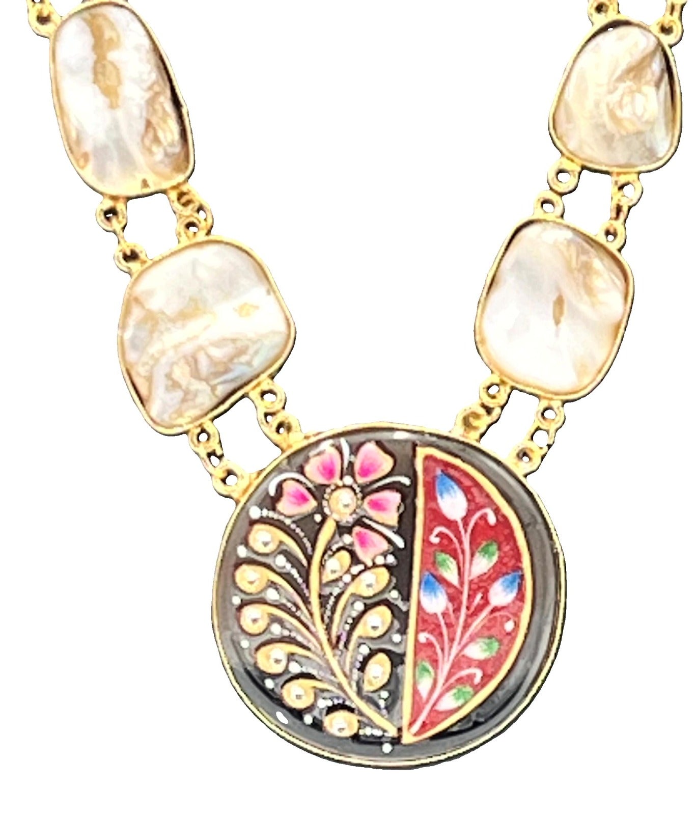 Model wearing Mother of Pearl Necklace Set with Meenakari Pendant – The Chakmak Jewelry