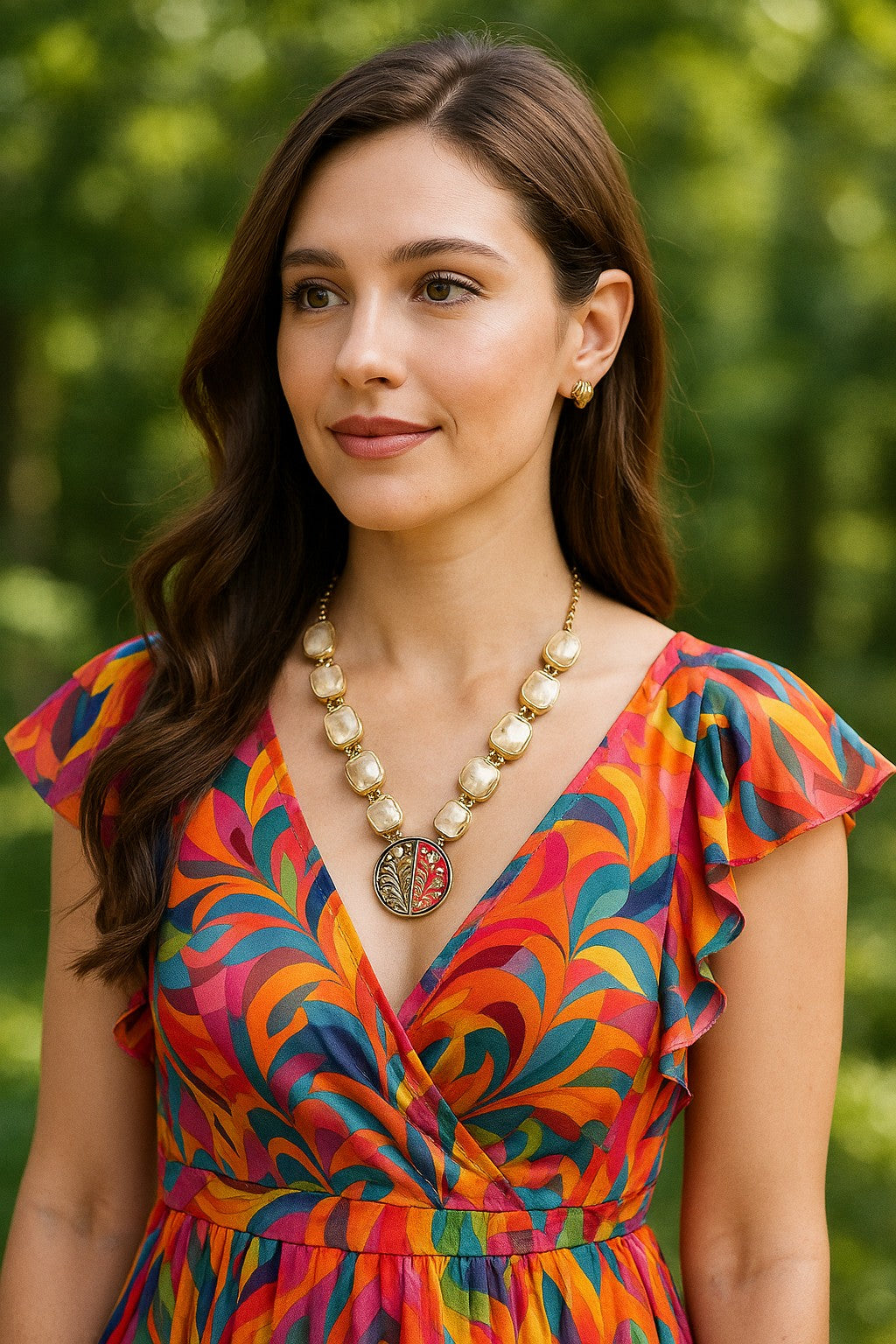 Model wearing Mother of Pearl Necklace Set with Meenakari Pendant – The Chakmak Jewelr