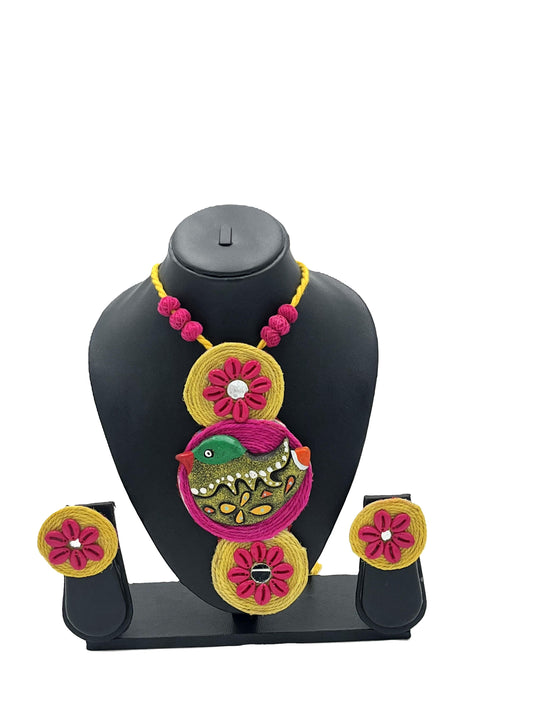 The Chakmak RangPakshi Handcrafted Terracotta Bird Necklace & Earrings with Thread Embroidery
