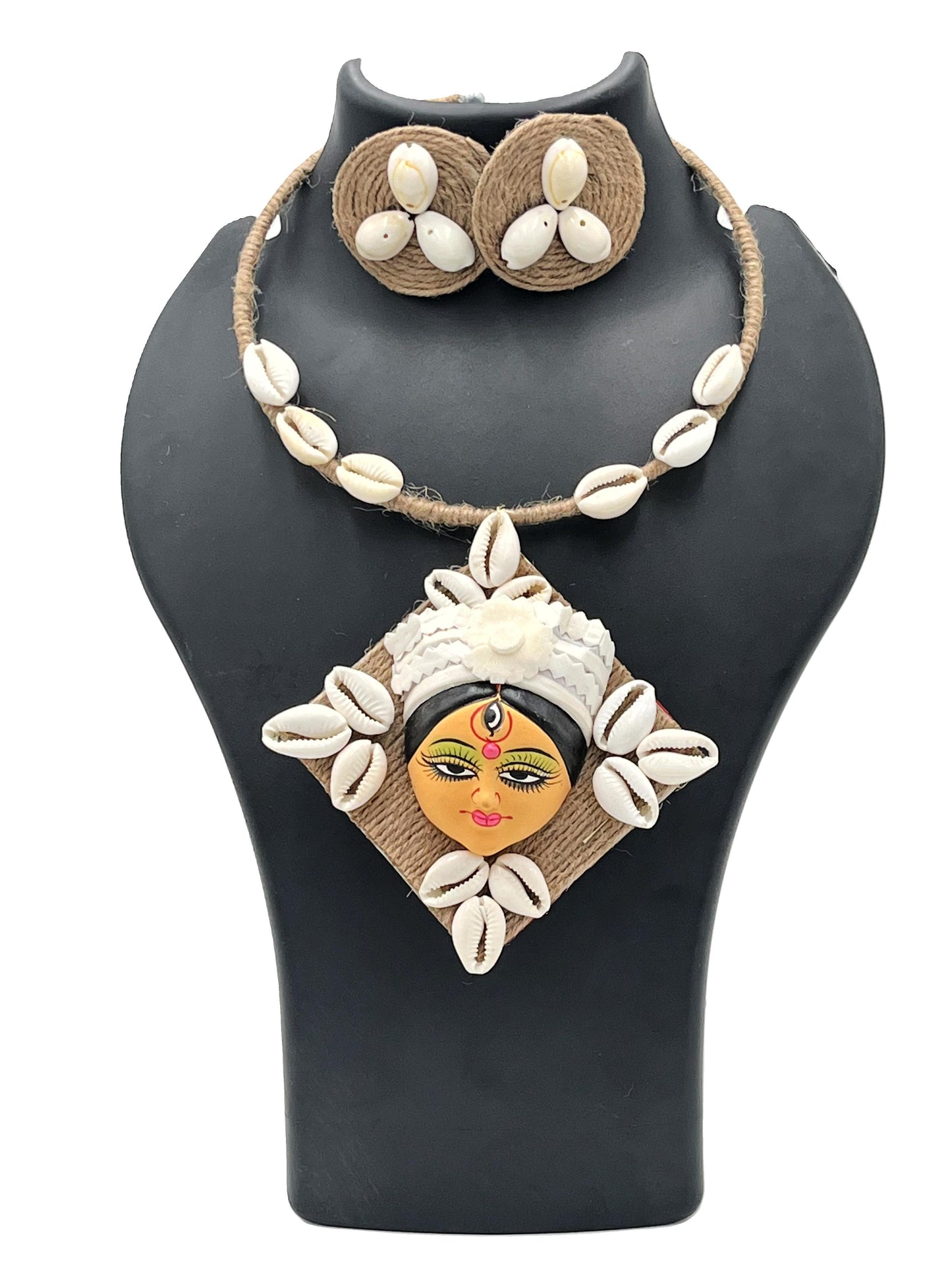 The Chakmak Shakti Hasli Necklace Set with Hand-painted Devi Face Pendant and Kodi Shells