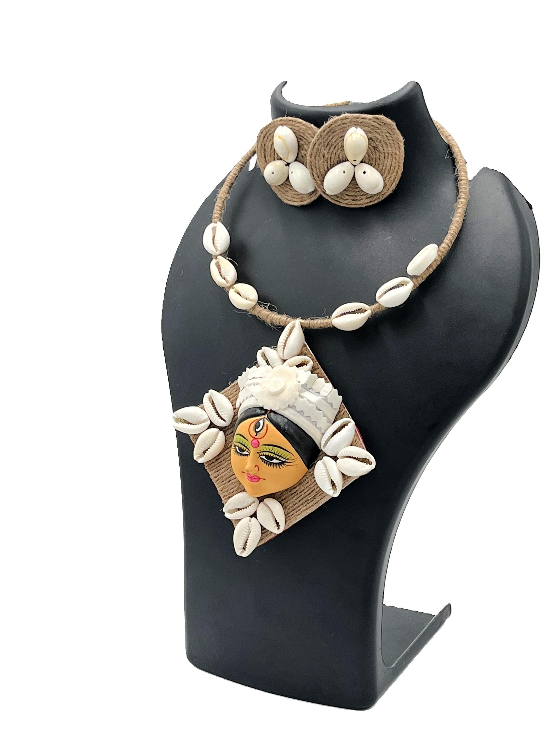 Full view of Shakti Hasli Necklace & Earrings handcrafted in jute and shells