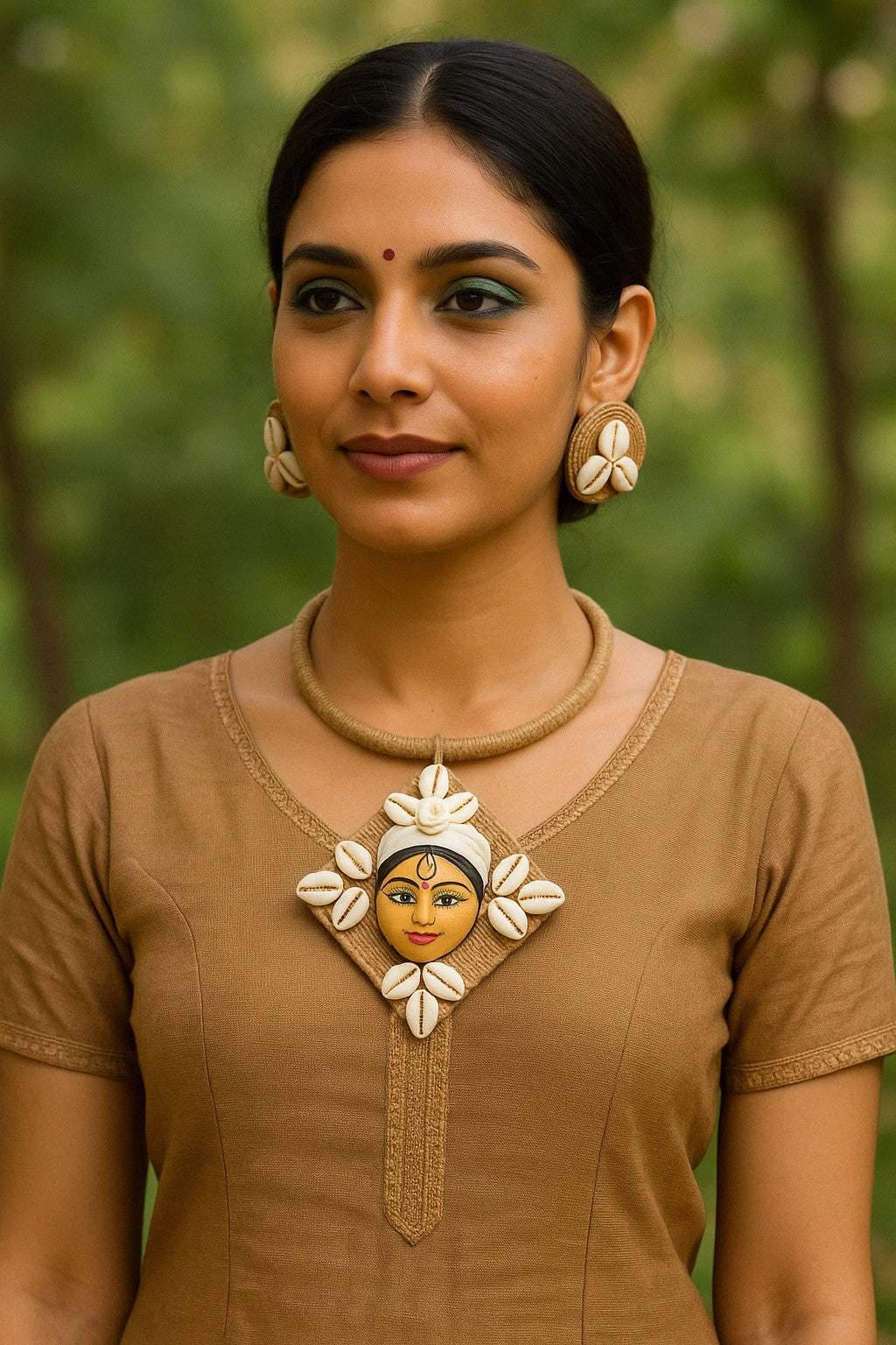 AI Model wearing Shakti Hasli Necklace with Devi Face Pendant – The Chakmak