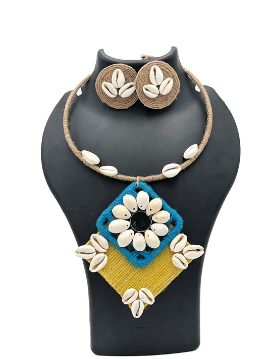 Handcrafted Blue & Mustard Cowrie Shell Necklace Set – The Chakmak Shankh Tara