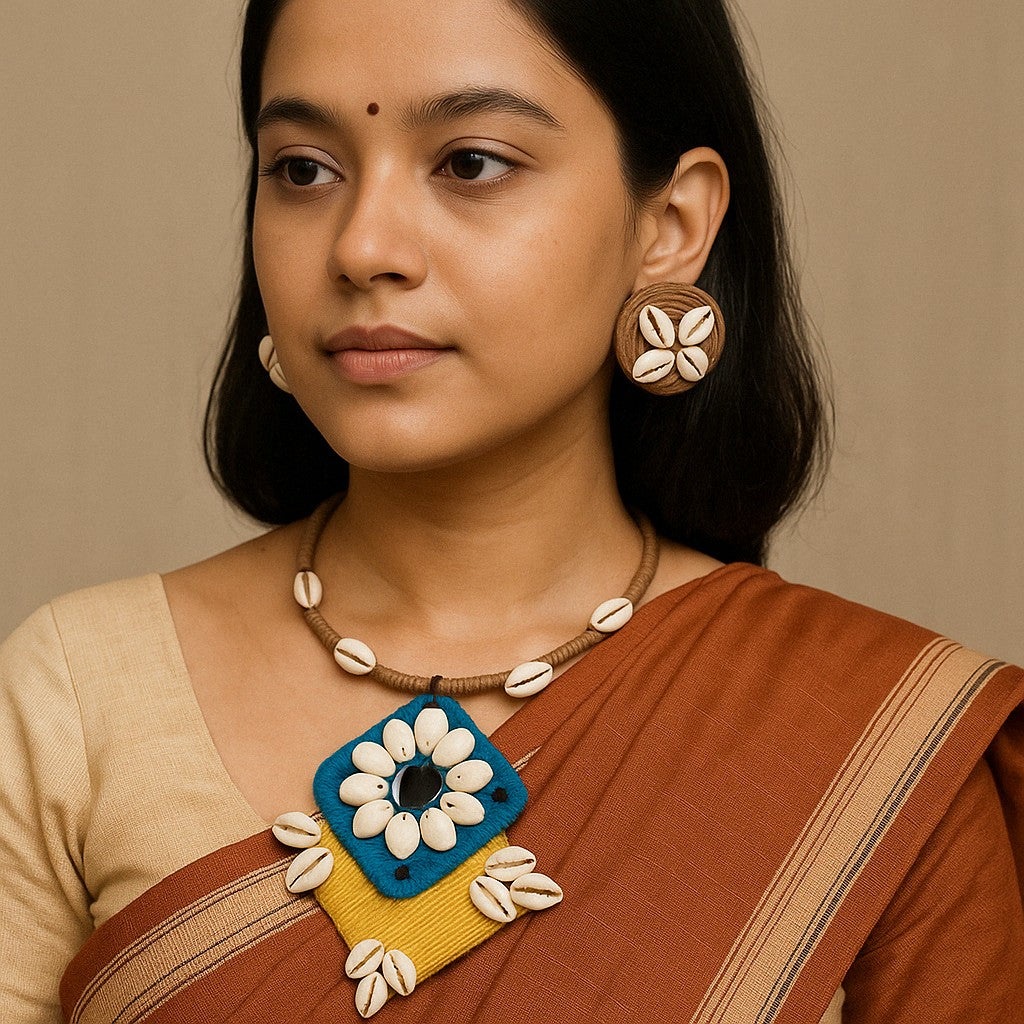Model wearing Handmade Tribal Cowrie Shell Necklace Set – The Chakmak Jewelry
