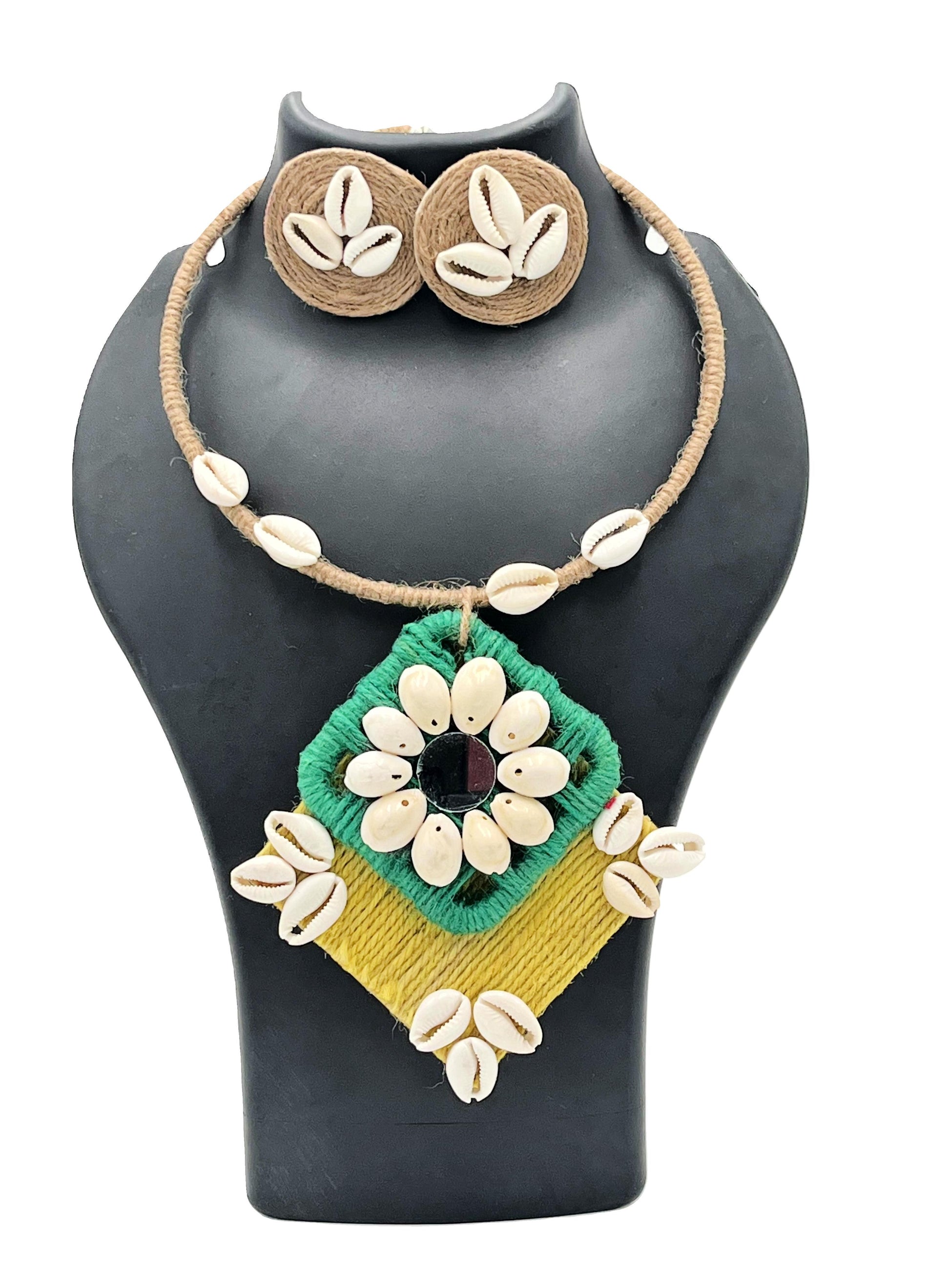 Handmade Green Mustard Cowrie Shell Hasli Necklace Set – The Chakmak