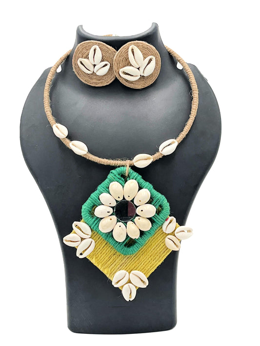 Handmade Green Mustard Cowrie Shell Hasli Necklace Set – The Chakmak