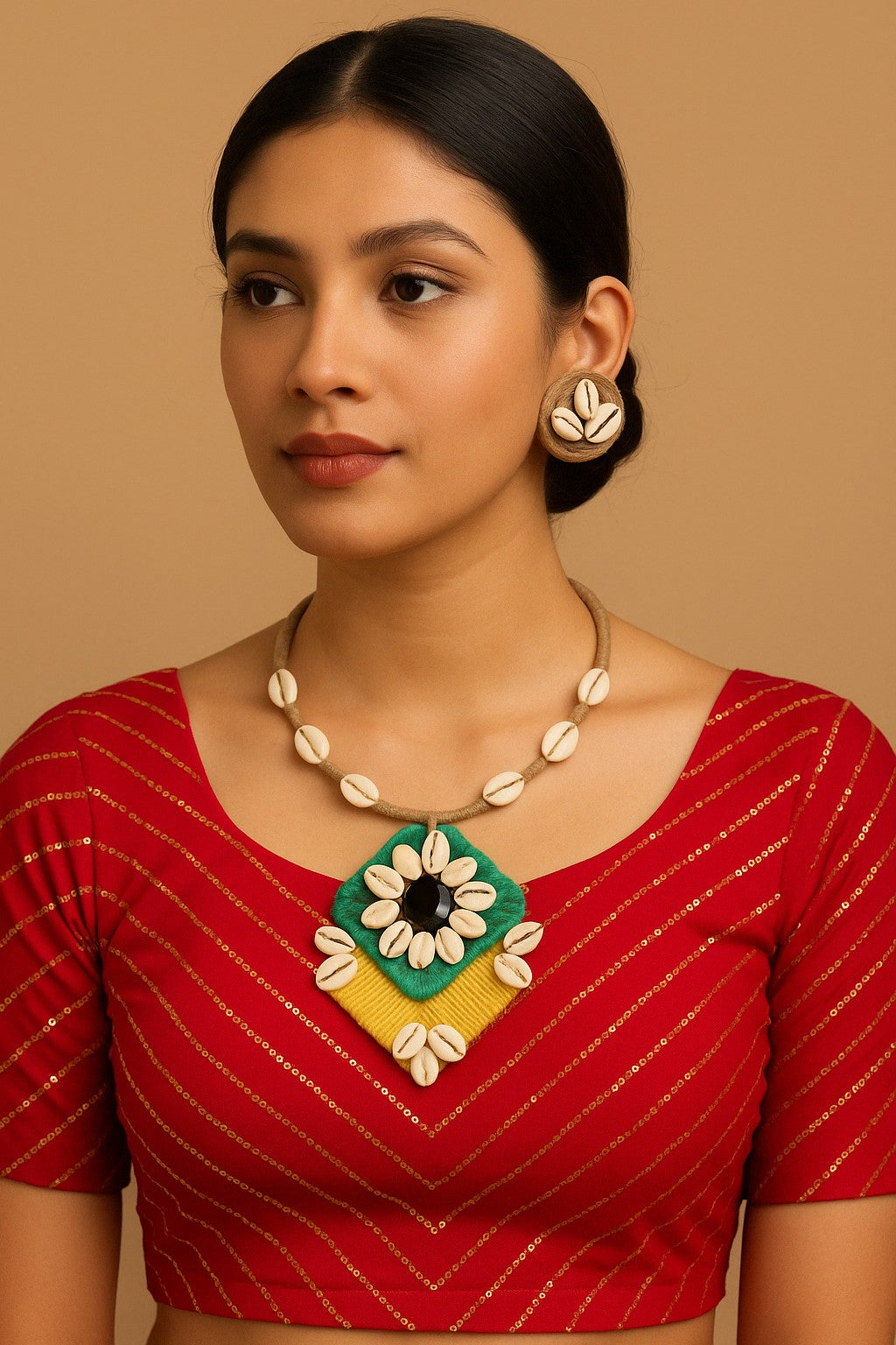 Model wearing Green Mustard Cowrie Shell Necklace Set – The Chakmak Shankh Tara