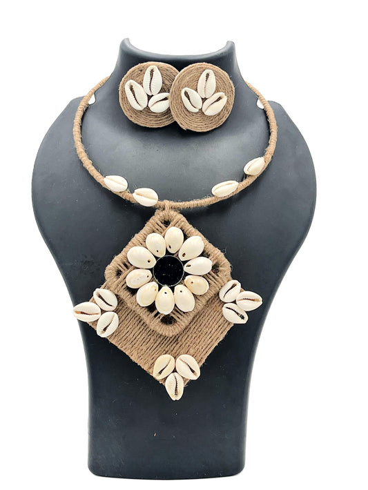 The Chakmak Shankh Tara Necklace Set with Cowrie Shells & Jute Flower Craft