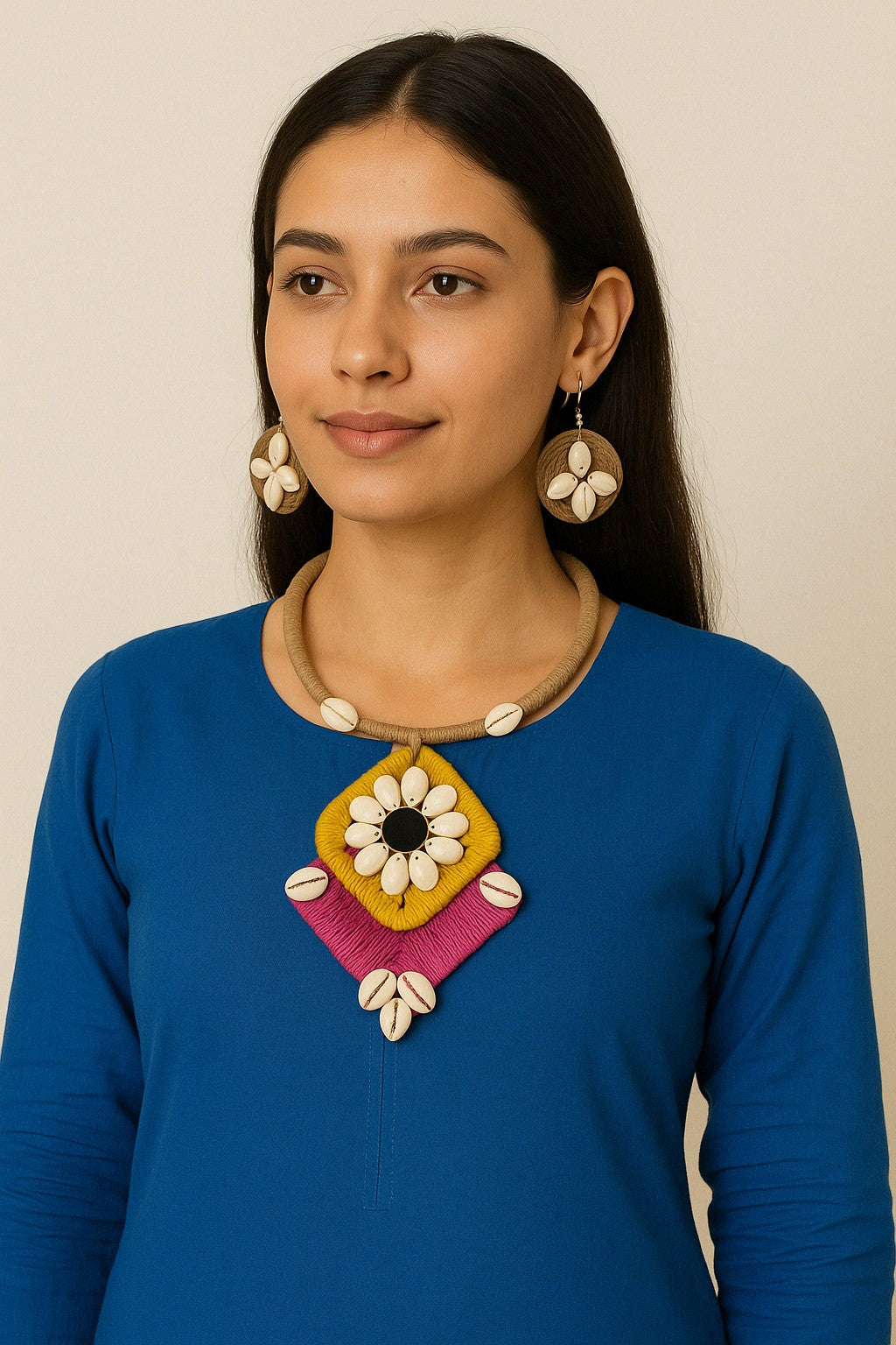 Model wearing Pink & Mustard Tribal Necklace Set – The Chakmak Shankh Tara Collection